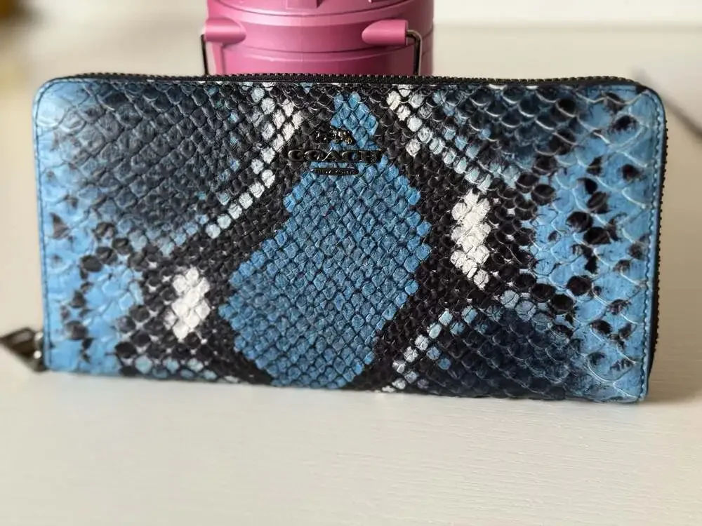 Coach Accordion Zip Around Wallet in Blue and Black Snakeskin Embossed Leather